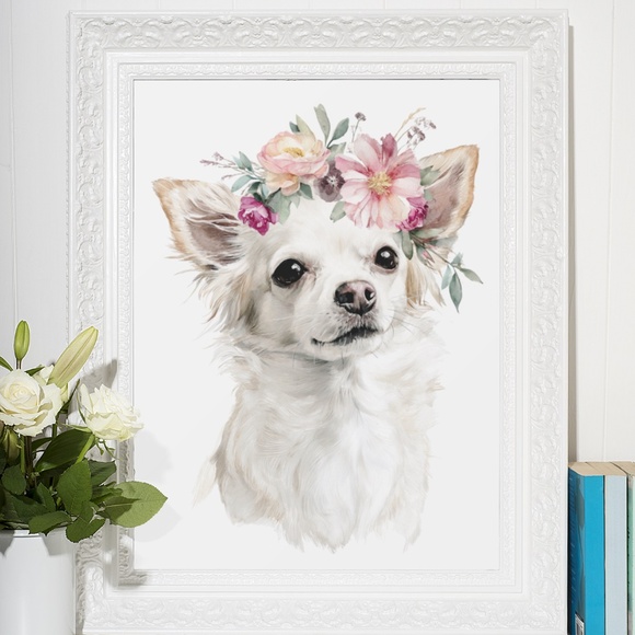 Watercolor White Chihuahua with Flowers Portrait Wall Art Print Poster Unframed - Picture 6 of 6